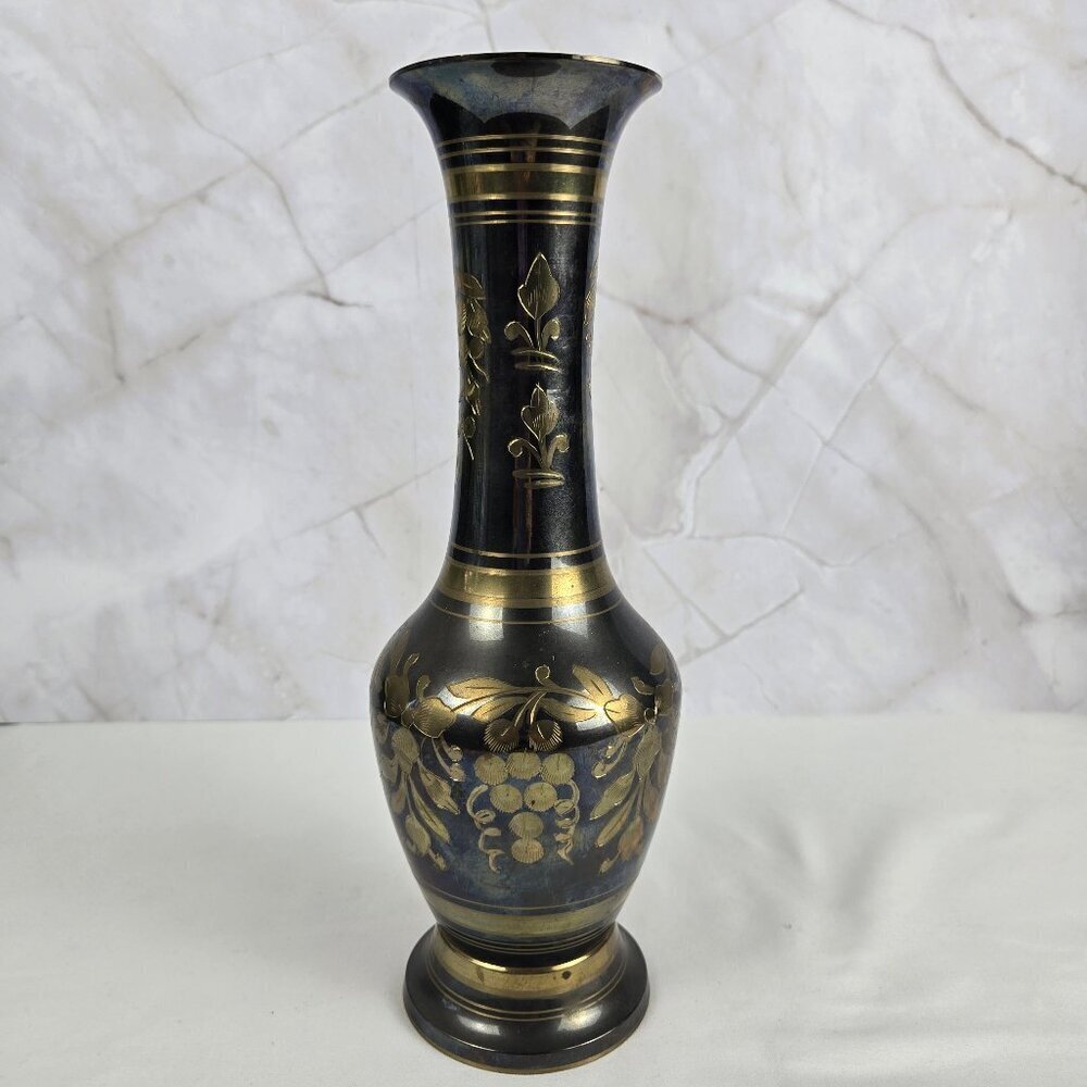 Tall Brass Etched Vase Gold Grapes Leaves Vines Vintage Decor Decoration